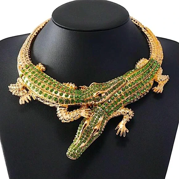 Gold Mint Green Crocodile Alligator Choker Statement Necklace Double Headed - Picture 1 of 4